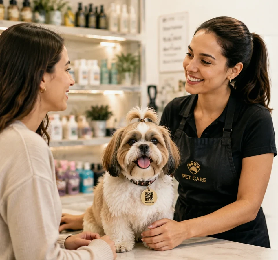 Profissional de pet shop atendendo tutora com cachorro