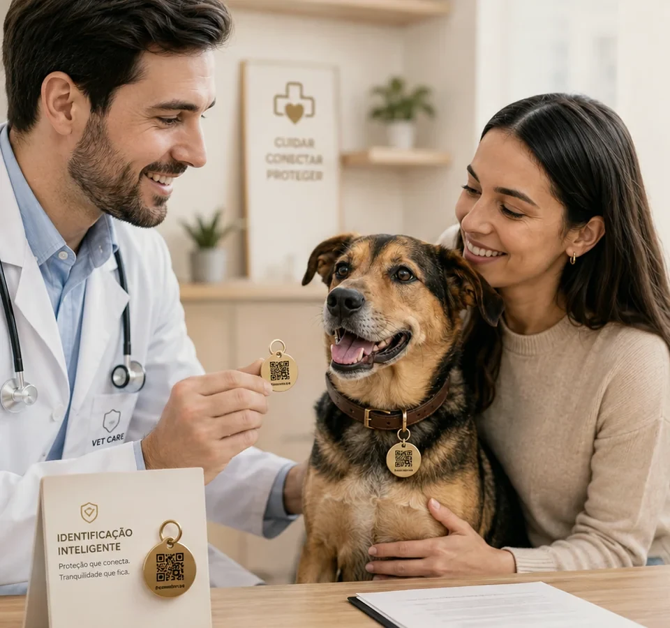 Veterinário atendendo tutora e cachorro com tag de identificação